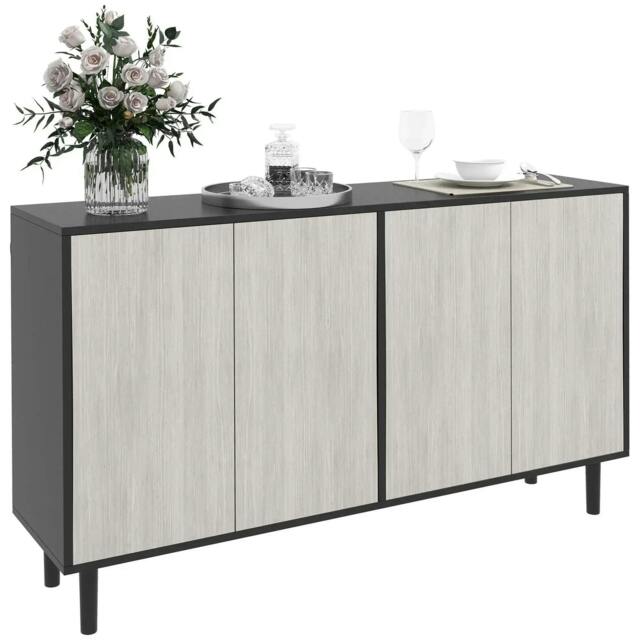 Rackhams Kitchen Sideboard Storage Cabinet for Living Room with Adjustable Shelves 4 Doors and Pine Wood Legs Black - Black - image 1