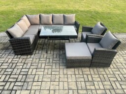 Rackhams High Back Outdoor Garden Furniture Set Rattan Corner Sofa Dining Table Set With Big Footstool Armchair Dark Grey Mixed - thumbnail 2