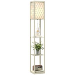 Rackhams Modern Floor Lamp Light with 3 Shelves Fabric Lampshade Oak - Natural wood finish - thumbnail 2