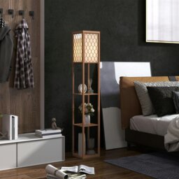 Rackhams Modern Floor Lamp Light with 3 Shelves Fabric Lampshade Oak - Natural wood finish