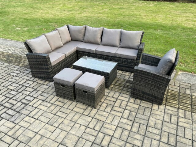 Rackhams 9 Seater Outdoor Furniture Garden Dining Set Rattan Corner Sofa Set with Rectangular Coffee Table 2 Small Footstools Dark Grey Mixed - image 1