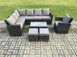 Rackhams 9 Seater Outdoor Furniture Garden Dining Set Rattan Corner Sofa Set with Rectangular Coffee Table 2 Small Footstools Dark Grey Mixed - thumbnail 2