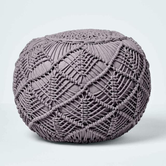 Rackhams Macrame Knitted Pouffe Been Filled Crochet Round Footstool 100% Cotton Braided Design - Grey - 35 x 40 cm - image 1