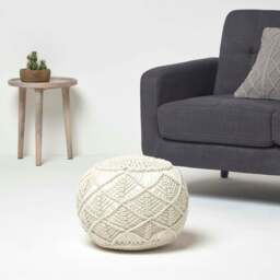 Rackhams Macrame Knitted Pouffe Been Filled Crochet Round Footstool 100% Cotton Braided Design - Grey - 35 x 40 cm - thumbnail 3