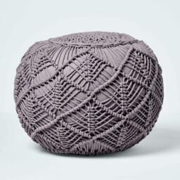 Rackhams Macrame Knitted Pouffe Been Filled Crochet Round Footstool 100% Cotton Braided Design - Grey - 35 x 40 cm - thumbnail 1