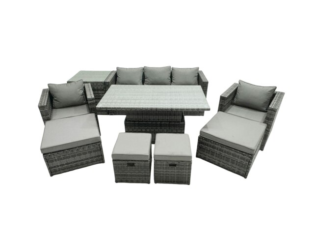 Rackhams PE Rattan Garden Furniture Set Lounge Sofa Rising Dining Table Set with Side Table 4 Footstool Dark Grey Mixed - image 1