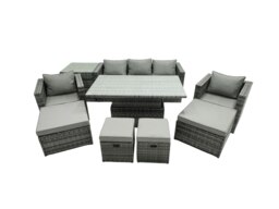 Rackhams PE Rattan Garden Furniture Set Lounge Sofa Rising Dining Table Set with Side Table 4 Footstool Dark Grey Mixed - thumbnail 1