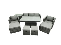 Rackhams PE Rattan Garden Furniture Set Lounge Sofa Rising Dining Table Set with Side Table 4 Footstool Dark Grey Mixed - thumbnail 2