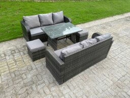Rackhams Outdoor Rattan Garden Furniture Sofa Set Dining Table Height Adjustable Rising lifting Table Lounge Sofa Small Footstools 8 Seater - thumbnail 1