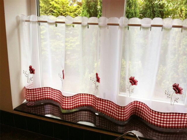 "Rackhams Poppy Floral Checked Kitchen Voile Curtain Café Panels - Red - 24"""