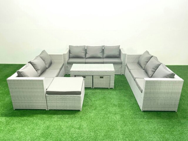 Rackhams Rattan Garden Outdoor Furniture Set 12 Seater Garden Sofa Oblong Coffee Table Set with 3 Footstools Light Grey Mixed - image 1