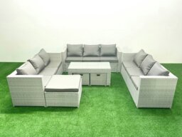 Rackhams Rattan Garden Outdoor Furniture Set 12 Seater Garden Sofa Oblong Coffee Table Set with 3 Footstools Light Grey Mixed - thumbnail 1
