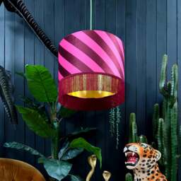 "Rackhams Raspberry Ripple Helter Skelter Velvet Lampshades With Gold Foil Lining and Fringing - Table / Floor Lamp - 25cm diameter x 20cm height / 10"" x 8""" - thumbnail 2