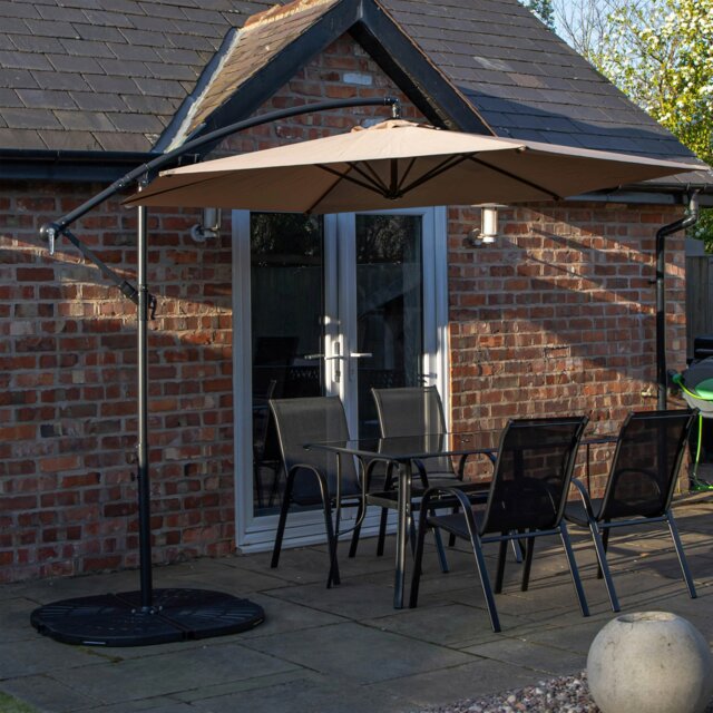 Rackhams Outdoor 4 Person Rectangular Glass Top Garden Dining Table Chairs With Beige Banana Parasol and Base - Outdoor Furniture Sets - image 1