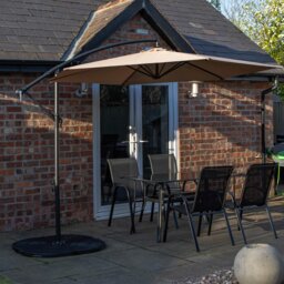 Rackhams Outdoor 4 Person Rectangular Glass Top Garden Dining Table Chairs With Beige Banana Parasol and Base - Outdoor Furniture Sets