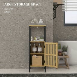 Rackhams Bathroom Floor Cabinet Bamboo Bathroom Cupboard with Adjustable Shelf - White, Natural - Bathroom Cabinet - 1 - thumbnail 4