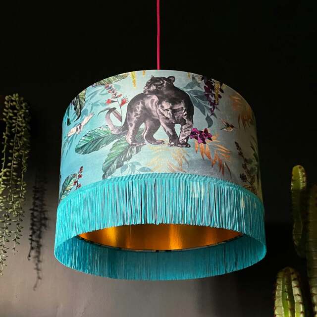 "Rackhams Handmade Fringed Velvet Lampshade with Gold Lining in Lithium - Table / Floor Lamp - 40cm diameter x 25cm Height (16"" x 10"")" - image 1