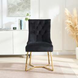Rackhams Sinlge Ambra Modern Velvet Dining Chairs with Gold Legs & Ring Handle - Tufted Back, Plush Foam Seat, Luxury Accent Chair - Velvet - Black - Modern - thumbnail 3