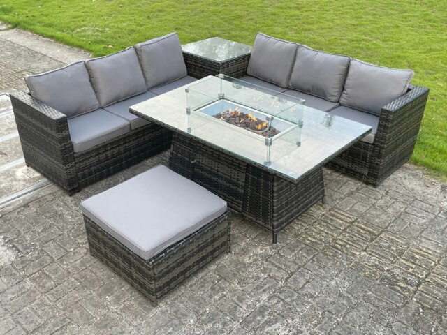 Rackhams Outdoor PE Rattan Garden Corner Furniture Gas Fire Pit Table Sets Gas Heater Lounge Big Footstool Dark Grey 7 Seater - image 1