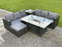 Rackhams Outdoor PE Rattan Garden Corner Furniture Gas Fire Pit Table Sets Gas Heater Lounge Big Footstool Dark Grey 7 Seater - thumbnail 2