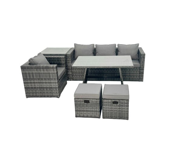 Rackhams Rattan Dining Table Sofa Armchair Set with Side Table Small Footstool Outdoor Garden Furniture Set Dark Grey Mixed - image 1