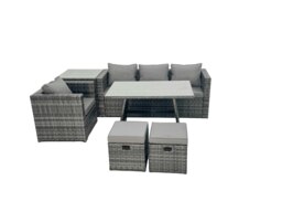 Rackhams Rattan Dining Table Sofa Armchair Set with Side Table Small Footstool Outdoor Garden Furniture Set Dark Grey Mixed - thumbnail 1