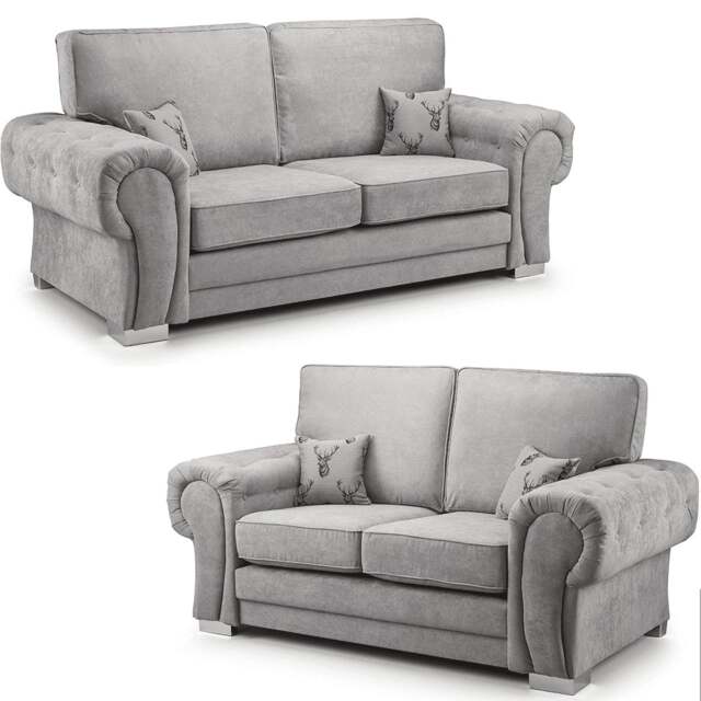 Rackhams Milan Chesterfield Fabric 3 + 2 Seater Sofa Suite - Full Back - Grey - image 1