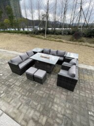 Rackhams Rattan Outdoor Garden Furniture Set with Gas Fire Pit Dining Table, 2 Sofas, 2 Chairs, 2 Side Tables, 2 Footstools - 10 Seater - Dark Grey - thumbnail 2