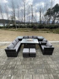 Rackhams Rattan Outdoor Garden Furniture Set with Gas Fire Pit Dining Table, 2 Sofas, 2 Chairs, 2 Side Tables, 2 Footstools - 10 Seater - Dark Grey - thumbnail 1
