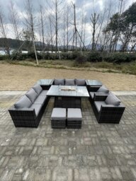 Rackhams Rattan Outdoor Garden Furniture Set with Gas Fire Pit Dining Table, 2 Sofas, 2 Chairs, 2 Side Tables, 2 Footstools - 10 Seater - Dark Grey - thumbnail 3