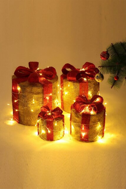 Rackhams 4Pcs Round Christmas Gift Boxes with LED Light Bowknot Decor - Gold - image 1