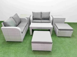 Rackhams 6 Seater Outdoor Love Sofa Set Rattan Garden Furniture Set with Oblong Coffee Table 2 Footstool 2 Side Tables Light Grey - thumbnail 1