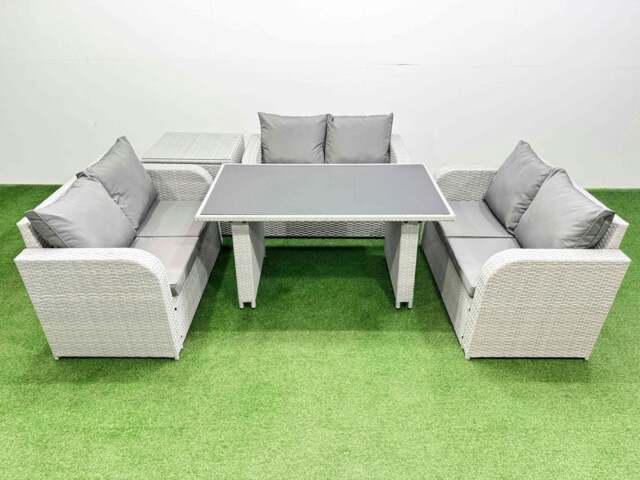 Rackhams 6 Seater Patio Garden Furniture Sets with Black Glass Top Dining Table Love Sofa Side Table Light Grey - image 1