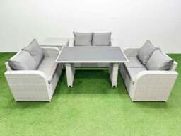 Rackhams 6 Seater Patio Garden Furniture Sets with Black Glass Top Dining Table Love Sofa Side Table Light Grey