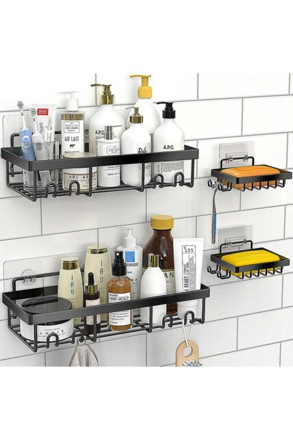 Rackhams 4Pcs No Drill Shower Caddy Set with Wall Stickers - Black - image 1