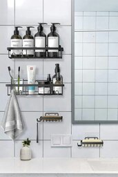 Rackhams 4Pcs No Drill Shower Caddy Set with Wall Stickers - Black - thumbnail 2