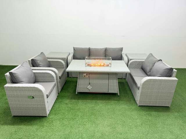 Rackhams PE Rattan Garden Furniture Set Reclining Chair Sofa Double Love Seat 2 Seater Sofa Lounge Set Fire Pit Dining Table 2 Side Table Light Grey - image 1