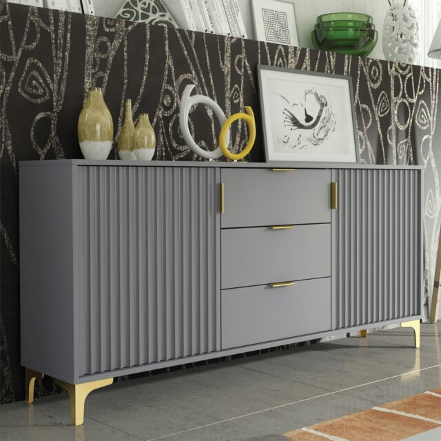 Rackhams Captivating Grey 140cm Sideboard with Ribbed Doors, 3 Drawers & Gold Accents - 140 cm - Grey -  MDF/Chipboard - image 1