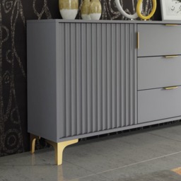 Rackhams Captivating Grey 140cm Sideboard with Ribbed Doors, 3 Drawers & Gold Accents - 140 cm - Grey -  MDF/Chipboard - thumbnail 2