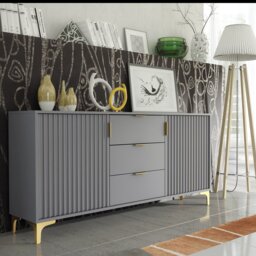 Rackhams Captivating Grey 140cm Sideboard with Ribbed Doors, 3 Drawers & Gold Accents - 140 cm - Grey -  MDF/Chipboard - thumbnail 5