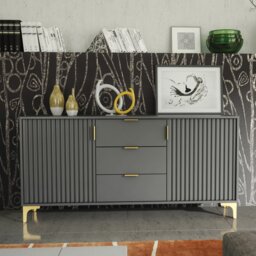 Rackhams Captivating Grey 140cm Sideboard with Ribbed Doors, 3 Drawers & Gold Accents - 140 cm - Grey -  MDF/Chipboard - thumbnail 3