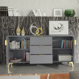 Rackhams Captivating Grey 140cm Sideboard with Ribbed Doors, 3 Drawers & Gold Accents - 140 cm - Grey -  MDF/Chipboard - thumbnail 4