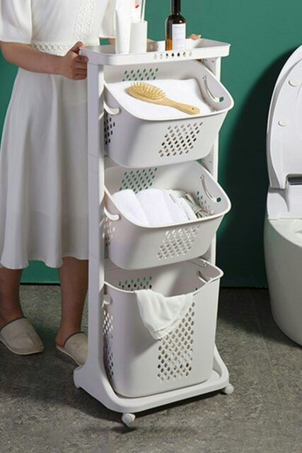 Rackhams 3 Compartments Laundry Basket Storage Basket Detachable Clothes Hamper Multi-Functional Rotatable Sorter Cart with Wheels Shelf - White - image 1