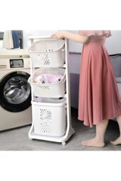 Rackhams 3 Compartments Laundry Basket Storage Basket Detachable Clothes Hamper Multi-Functional Rotatable Sorter Cart with Wheels Shelf - White - thumbnail 2