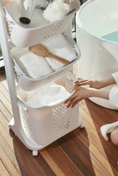 Rackhams 3 Compartments Laundry Basket Storage Basket Detachable Clothes Hamper Multi-Functional Rotatable Sorter Cart with Wheels Shelf - White - thumbnail 4