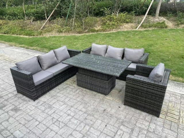 Rackhams Wicker PE Garden Furniture Rattan Sofa Set Outdoor Adjustable Rising Lifting Dining Table Set with Armchair 7 Seater Dark Grey Mixed - image 1