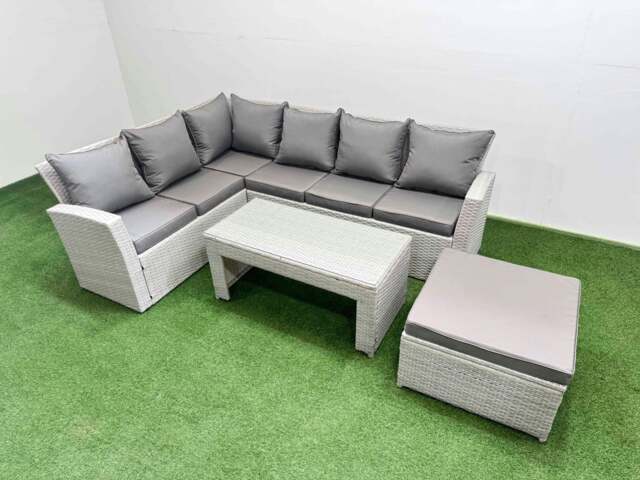Rackhams Rattan Garden Furniture Set Outdoor 7 Seater Corner Sofa Sets with Oblong Coffee Table Big Footstool Light Grey Mixed - image 1