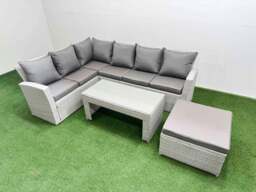 Rackhams Rattan Garden Furniture Set Outdoor 7 Seater Corner Sofa Sets with Oblong Coffee Table Big Footstool Light Grey Mixed - thumbnail 1