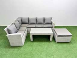 Rackhams Rattan Garden Furniture Set Outdoor 7 Seater Corner Sofa Sets with Oblong Coffee Table Big Footstool Light Grey Mixed - thumbnail 2