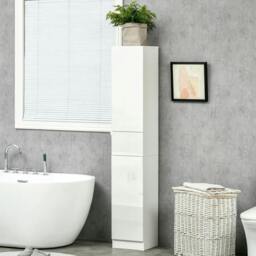 Rackhams Luxury Tall Bathroom Cabinet with High Gloss Panel, Sleek White Bathroom Cabinet with Push-to-Open Door, White - thumbnail 2